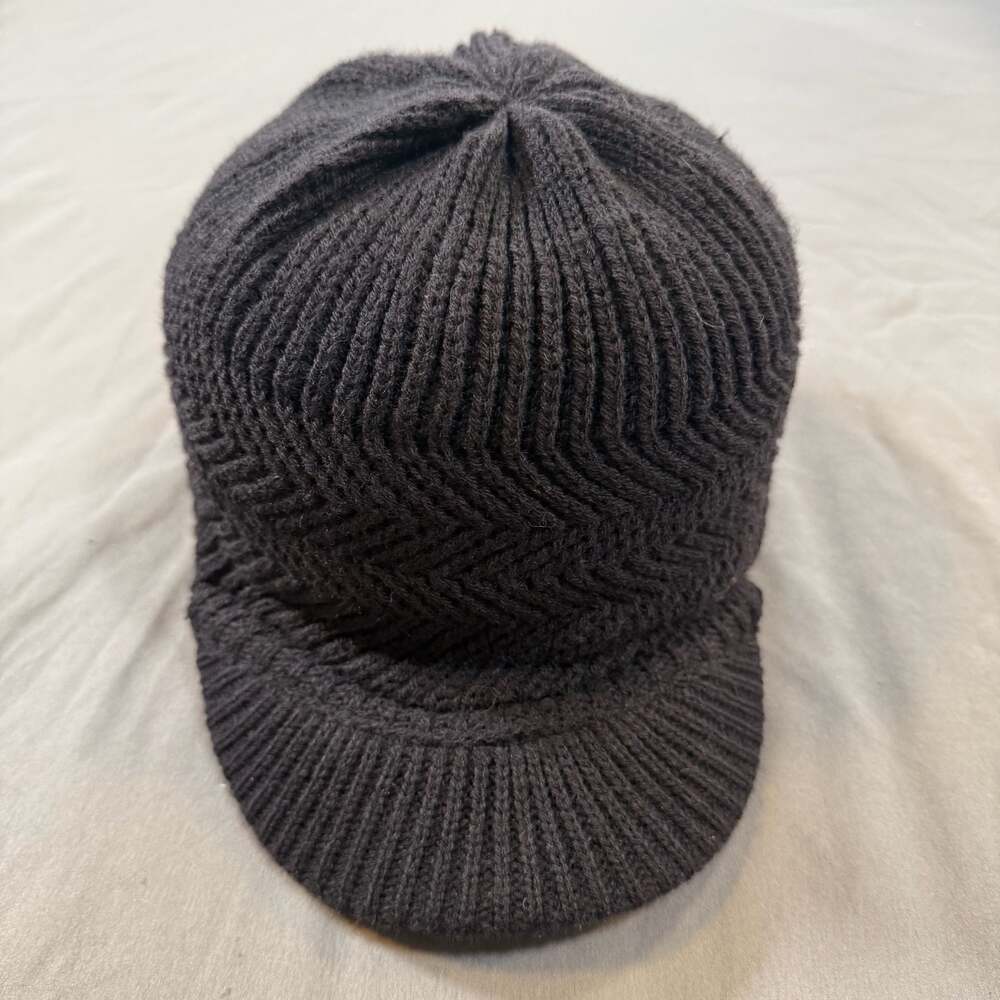 Black Knit Visor Beanie Cap Newsboy Brim Winter Hat One Size OSFM